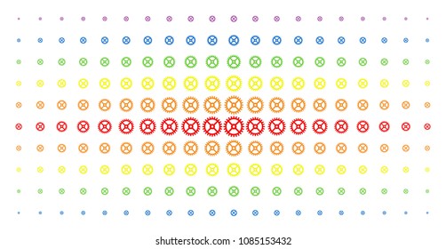 Clock gear icon rainbow colored halftone pattern. Vector clock gear shapes are arranged into halftone matrix with vertical spectral gradient. Designed for backgrounds, covers,