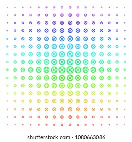 Clock Gear icon spectral halftone pattern. Vector clock gear items arranged into halftone grid with vertical spectrum gradient. Designed for backgrounds, covers and abstraction effects.