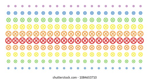 Clock Gear icon spectral halftone pattern. Vector objects organized into halftone array with vertical rainbow colors gradient. Constructed for backgrounds, covers, templates and abstract concepts.