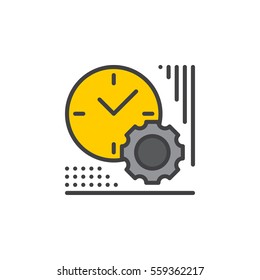 Clock and gear line icon, filled outline vector sign, linear colorful pictogram isolated on white. Time management symbol, logo illustration