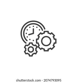 Icono de línea de reloj y marcha. signo de estilo lineal para concepto móvil y diseño web. Icono vectorial del contorno del volante y el reloj. Símbolo de gestión de tiempo, ilustración del logotipo. Gráficos vectoriales