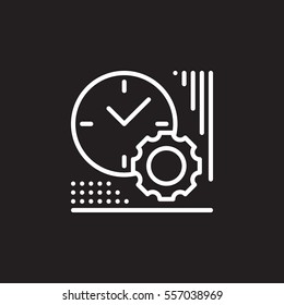 Clock and gear line icon, outline vector sign, linear white pictogram isolated on black. Time management symbol, logo illustration