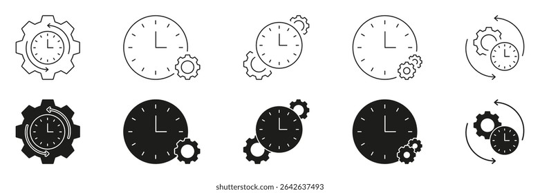 Relógio E Linha De Engrenagem E Conjunto De Ícones Sólidos. Gerenciamento De Tempo, Eficiência E Coleção De Símbolos De Otimização De Processos. Fluxo De Trabalho E Melhoria Da Produtividade. Ilustração de vetor isolada.