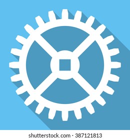 Clock Gear long shadow vector icon. Style is a white flat symbol on a light-blue square background.