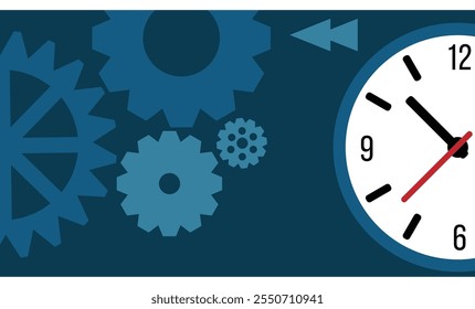Reloj con mecanismo de engranajes de estilo plano. Dispositivos mecánicos que muestran el concepto de tiempo, negocio y gestión