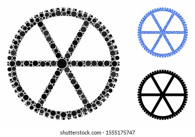 Clock gear mosaic of filled circles in variable sizes and shades, based on clock gear icon. Vector filled circles are united into blue mosaic. Dotted clock gear icon in usual and blue versions.