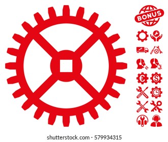 Clock Gear pictograph with bonus settings pictures. Vector illustration style is flat iconic red symbols on white background.