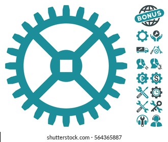 Clock Gear pictograph with bonus tools design elements. Vector illustration style is flat iconic soft blue symbols on white background.