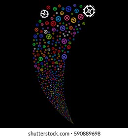 Clock Gear random fireworks stream. Vector illustration style is flat bright multicolored iconic symbols on a black background. Object fountain constructed from scattered icons.