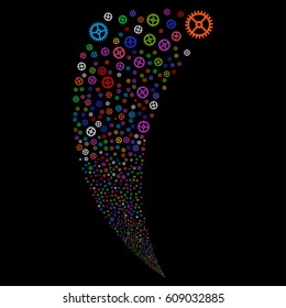 Clock Gear random fireworks stream. Vector illustration style is flat bright multicolored iconic symbols on a black background. Object fountain done from scattered pictograms.