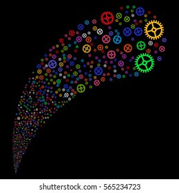Clock Gear random source stream. Vector illustration style is flat bright multicolored iconic symbols on a black background. Object fountain done from symbols.