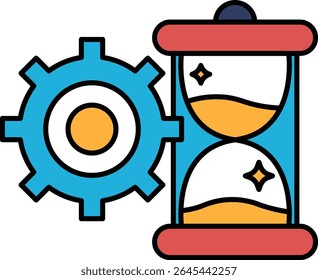 A clock with a gear and a sand timer. The gear is blue and the sand timer is red and yellow