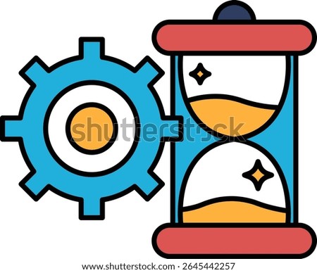 A clock with a gear and a sand timer. The gear is blue and the sand timer is red and yellow