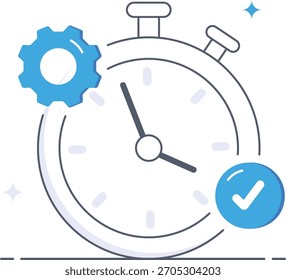 Relógio com engrenagem mostrando configuração eficiente de otimização de gerenciamento de projetos. Adequado para conceitos de gerenciamento de tempo, controle de prazo ou progresso de tarefa. ilustração vetorial plana isométrica.