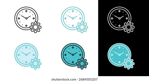 Clock with Gear symbol icon for time management and system scheduling in line and fill style