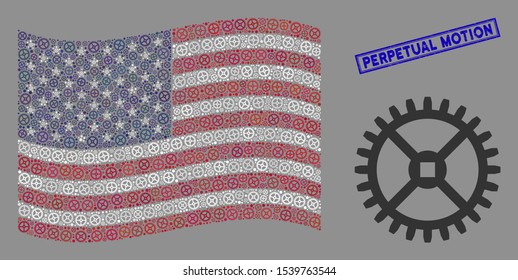 Clock gear symbols are arranged into American flag mosaic with blue rectangle corroded stamp watermark of Perpetual Motion phrase.