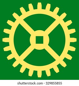 Clock Gear vector icon. Style is flat symbol, yellow color, rounded angles, green background.