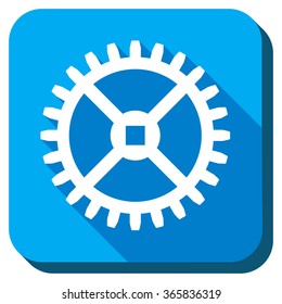 Clock Gear vector icon. Style is rounded square light blue button with long shadows. Symbol color is white.