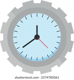 Clock with a gear-like outer edge, light blue face, black hour and minute hands, and a red second hand.