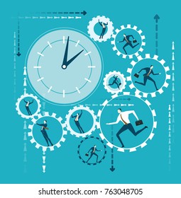 Clock with gears and business people rotating gears