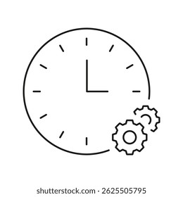 Clock With Gears Line Icon. Time Management, Efficiency, And Process Optimization Outline Symbol. Workflow Automation And Productivity Enhancement. Editable Stroke. Isolated Vector Illustration.