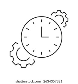 Clock With Gears Line Icon. Time Management, Efficiency, And Productivity Optimization Outline Symbol. Workflow Automation And Process Improvement. Editable Stroke. Isolated Vector Illustration.