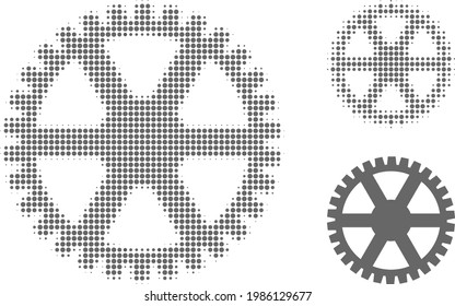 Icono punteado de media tonalidad de la rueda de la dirección del reloj. El patrón de semitono contiene píxeles de círculo. Ilustración vectorial del icono de la rueda de reloj en un fondo blanco.