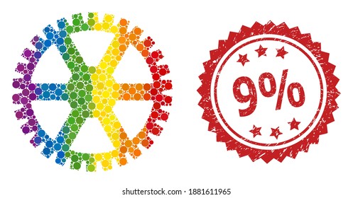 Clock gearwheel mosaic icon of circle dots in various sizes and rainbow color tones, and 9 percent unclean rosette seal. A dotted LGBT-colored Clock gearwheel for lesbians, gays, transgenders,