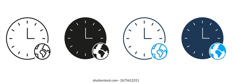 Clock With Globe Line And Solid Icon Set. Global Time Management And World Clock Symbol Collection. International Time Zones And Scheduling. Isolated Vector Illustration.