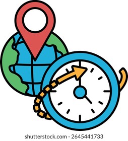 Um relógio e um globo com uma seta vermelha apontando para a direita. O relógio está mostrando o horário como 10:00