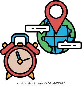 Um relógio e um globo com um ponto vermelho. O relógio está mostrando o horário como 10:00