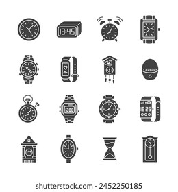 Clock glyph icon set. Time measuring symbol vector collection with clock, wrist watch, hourglass, Cuckoo-clock, smart watch, stopwatch, kitchen timer.