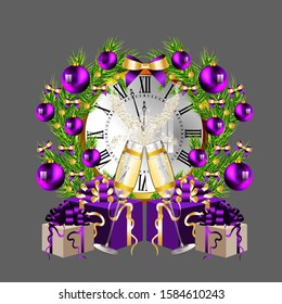 Clock gold Christmas decor isolated