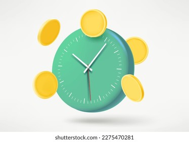 Clock with gold coins. 3d vector illustration