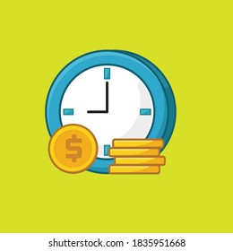 Ilustración vectorial de las monedas de oro y de reloj. Concepto de idea financiera empresarial. El tiempo es concepto de dinero.Inversiones financieras, aumento de ingresos, gestión presupuestaria, cuenta de ahorro.