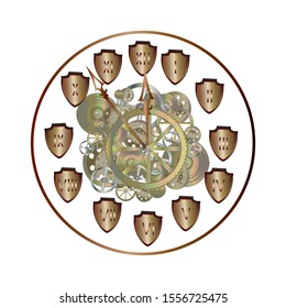 Clock with gold numbers and metal gears on white background. Clock gear mechanism with gold gears. Steampunk style. New Year's at midnight. Applicable for poster, banner, card, signboard. Vector EPS