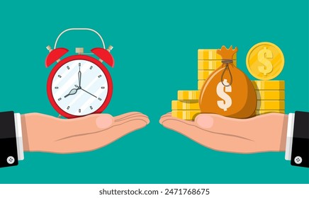 Reloj y monedas de oro en las manos. Ingresos anuales, inversión financiera, ahorros, depósitos bancarios, ingresos futuros, beneficios monetarios. El tiempo es el concepto del dinero. Ilustración vectorial en estilo plano