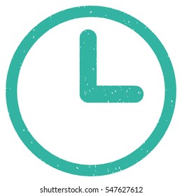 Clock grainy textured icon for overlay watermark stamps. Flat symbol with dirty texture. Dotted vector cyan ink rubber seal stamp with grunge design on a white background.