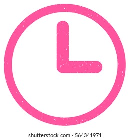 Clock grainy textured icon for overlay watermark stamps. Flat symbol with dust texture. Dotted vector pink ink rubber seal stamp with grunge design on a white background.