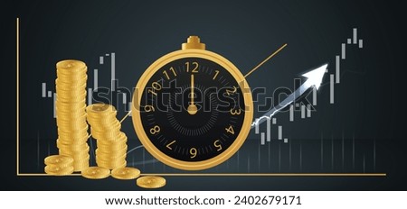clock with graph up money investment increase graph  on a dark background vector illustration