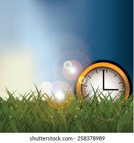 Clock in a grassy field background with copy space. EPS 10 vector royalty free stock illustration for greeting card, ad, promotion, poster, flier, blog, article, social media, marketing, time change