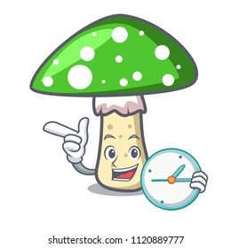 With clock green amanita mushroom character cartoon