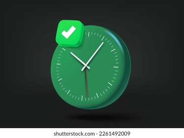 Clock with green check mark. 3d vector illustration