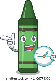With clock green crayon isolated in the cartoon