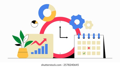 Clock With Growth Chart And Calendar In Flat Vector Illustration Symbolizing Business Planning, Productivity, And Scheduling, Isolated On White Background