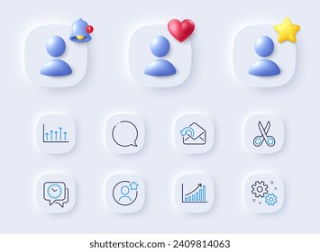 Clock, Growth chart and Cut line icons. Placeholder with 3d bell, star, heart. Pack of Best friend, Send mail, Graph chart icon. Speech bubble, Work pictogram. For web app, printing. Vector