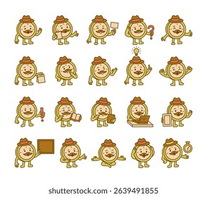 Clock guide character with mustache and hat in educational poses holding signs, stopwatch, paper, book, laptop, pointer and expressing emotion for yours illustration and designs projects