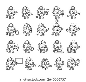 Clock guide character with mustache and hat in educational poses holding signs, stopwatch, paper, book, laptop, pointer and expressing emotion for yours illustration and designs projects