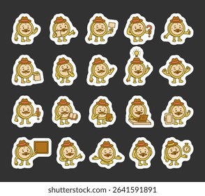 Clock guide character with mustache and hat in educational poses holding signs, stopwatch, paper, book, laptop, pointer and expressing emotion for yours illustration and designs projects