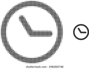 Ilustración de icono de punto medio de tono de reloj. El patrón de semitono contiene elementos redondos. Ilustración vectorial del icono del reloj en un fondo blanco. abstracción plana para el símbolo de reloj.